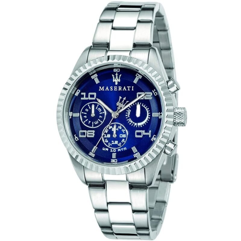 r8853100011 maserati watch men blue dial metal stainless steel silver strap quartz battery analog day date month wr 10 atm competizione 1