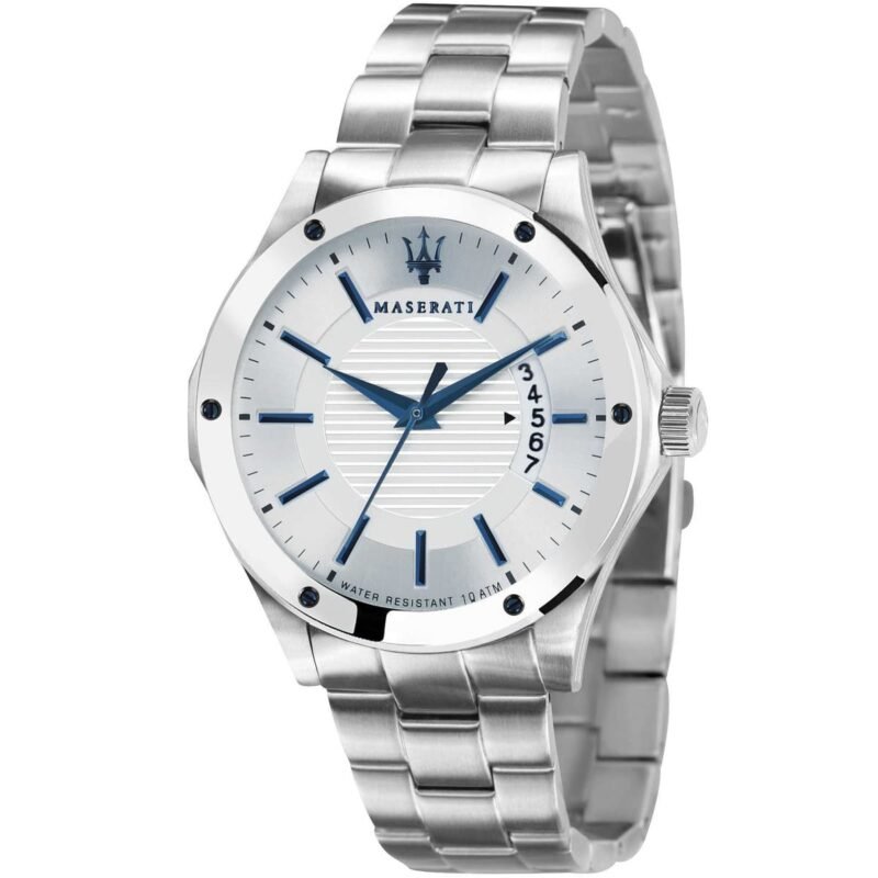 r8853127001 maserati watch men silver dial metal stainless steel strap quartz battery analog three hand water resistant 10 atm circuito