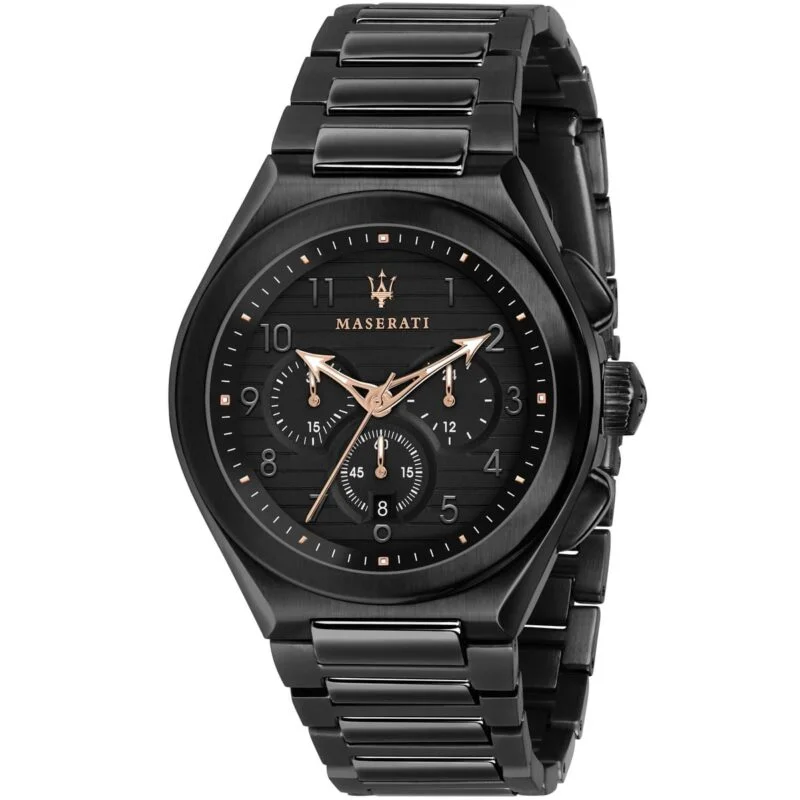 r8873639003 maserati watch men black dial metal stainless steel strap quartz battery analog chronograph triconic