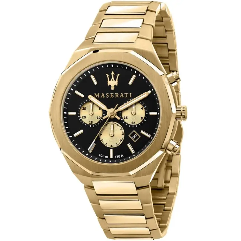 r8873642001 maserati watch men black dial metal stainless steel gold strap quartz battery analog chronograph 100m 330ft stile