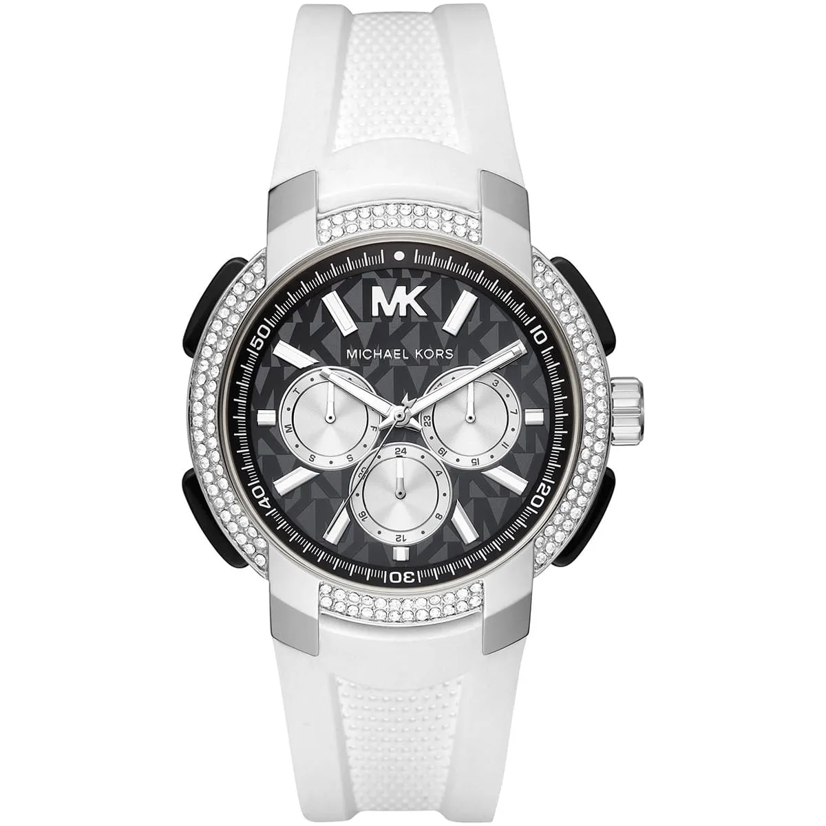 mk6947-michael-kors-watch-women-crystals-black-dial-rubber-white-strap-quartz-battery-analog-chronograph-sidney ساعة مايكل كورس للنساء MK6947 - الصورة 1