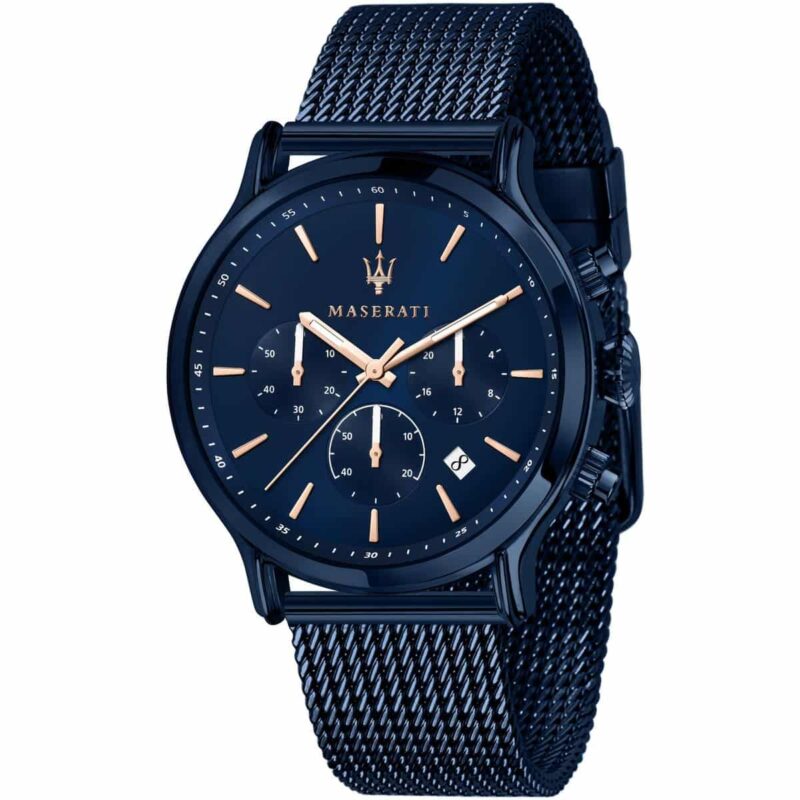 r8873618010 maserati watch men blue dial metal stainless steel mesh strap quartz battery analog chronograph epoca