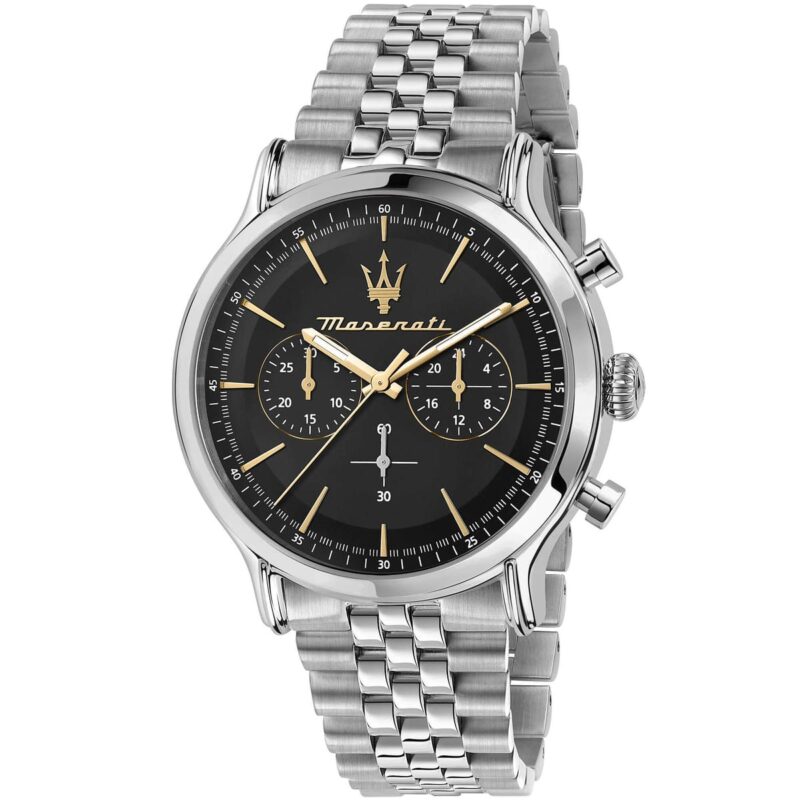 r8873618017 maserati watch men black dial metal stainless steel silver strap quartz battery analog chronograph epoca