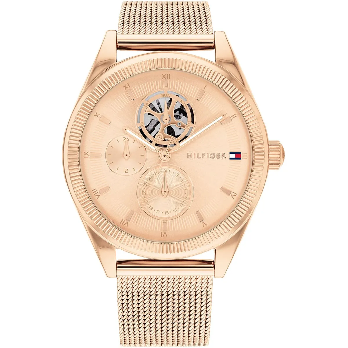 1782715-tommy-hilfiger-watch-women-skeleton-rose-gold-dial-metal-stainless-steel-rose-golden-mesh-strap-quartz-analog-monica ساعة تومي هيلفيغر للنساء 1782715 - الصورة 1