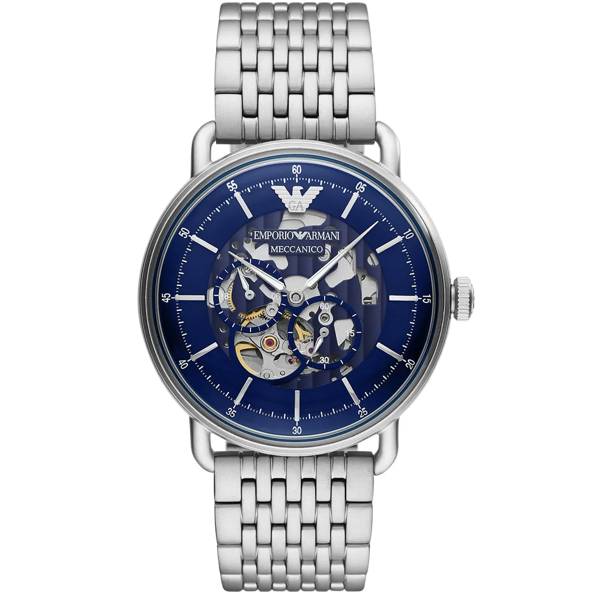 ar60024-emporio-armani-watch-meccanico-men-blue-dial-stainless-steel-metal-silver-strap-automatic-analog-chronograph-aviator ar60024 emporio armani watch meccanico men blue dial stainless steel metal silver strap automatic analog chronograph aviator
