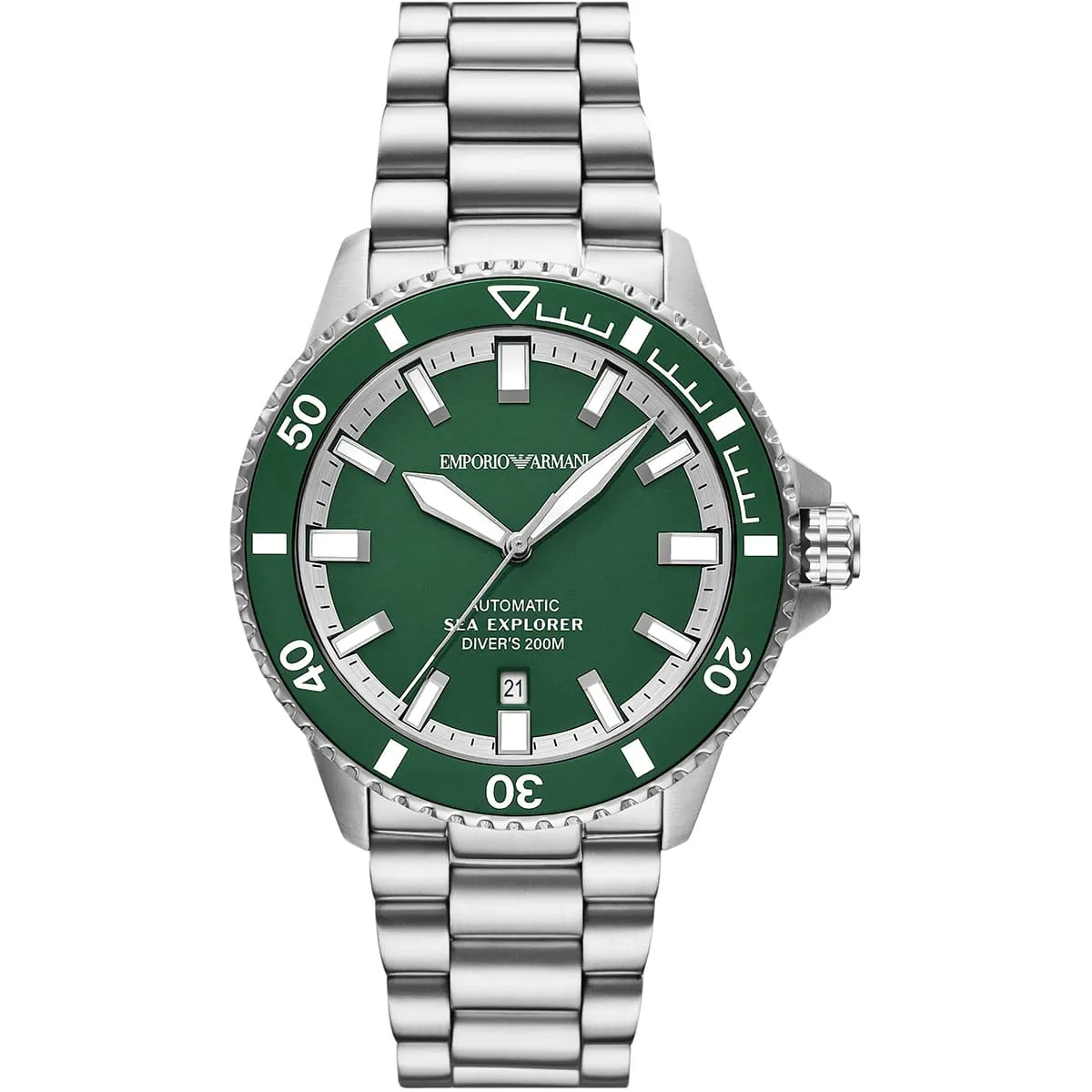 ar60088-emporio-armani-watch-automatic-sea-explorer-divers-200m-men-green-dial-metal-stainless-steel-silver-strap-analog ساعة امبوريو ارماني للرجال AR60088 - الصورة 1