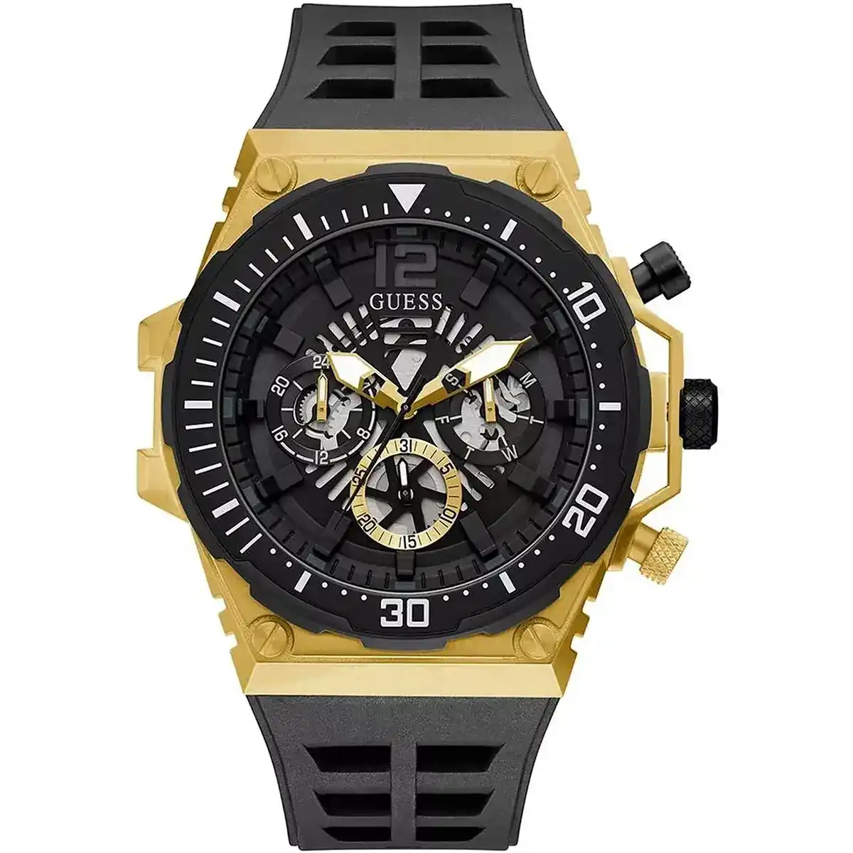 gw0325g1-original-guess-men-watch-new-models-2025-black-dial-rubber-strap-gold-case-egypt ساعة جيس للرجال GW0325G1 - الصورة 1