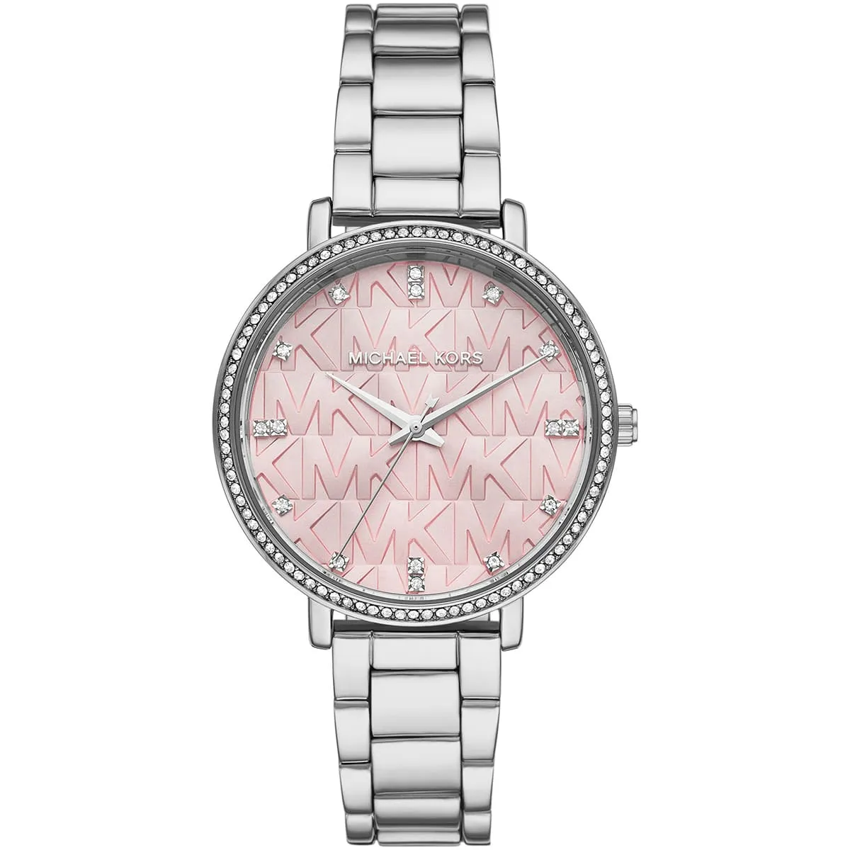 mk4631-michael-kors-watch-women-mk-logo-pink-dial-metal-stainless-steel-silver-strap-quartz-battery-analog-three-hand-pyper ساعة مايكل كورس للنساء MK4631 - الصورة 1