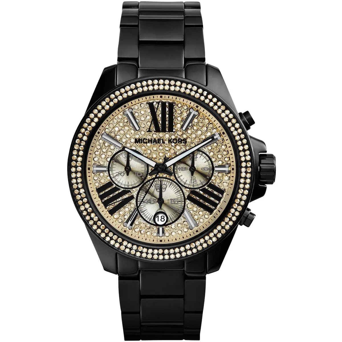 mk5961-michael-kors-watch-women-crystals-gold-dial-metal-stainless-steel-black-strap-quartz-battery-analog-chronograph-wren ساعة مايكل كورس للنساء MK5961 - الصورة 1