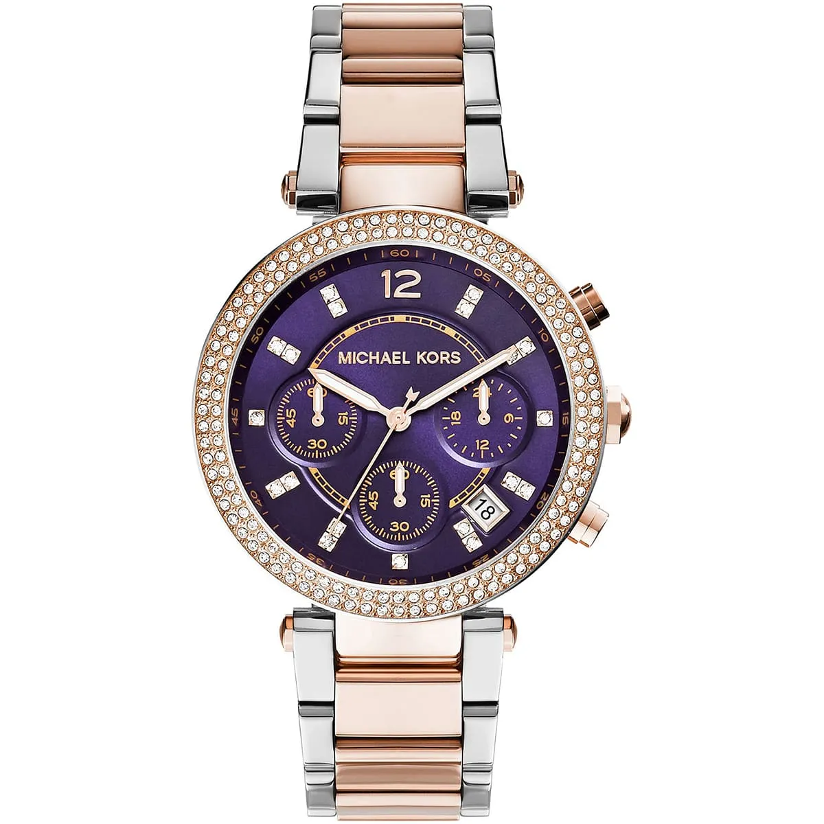mk6108-michael-kors-watch-women-crystals-purple-dial-metal-stainless-steel-silver-rose-gold-two-tone-strap-quartz-battery-analog-chronograph-parker ساعة مايكل كورس للنساء MK6108 - الصورة 1