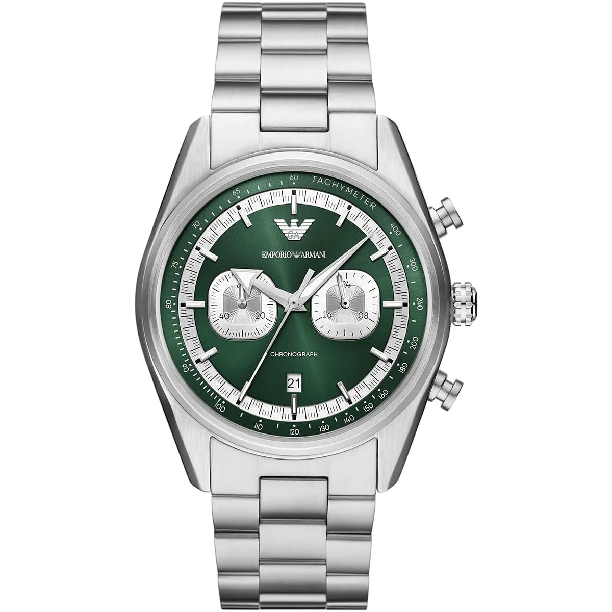 ar11637-emporio-armani-watch-chronograph-men-green-dial-metal-stainless-steel-silver-strap-quartz-analog-racer ساعة امبوريو ارماني للرجال AR11637 - الصورة 1