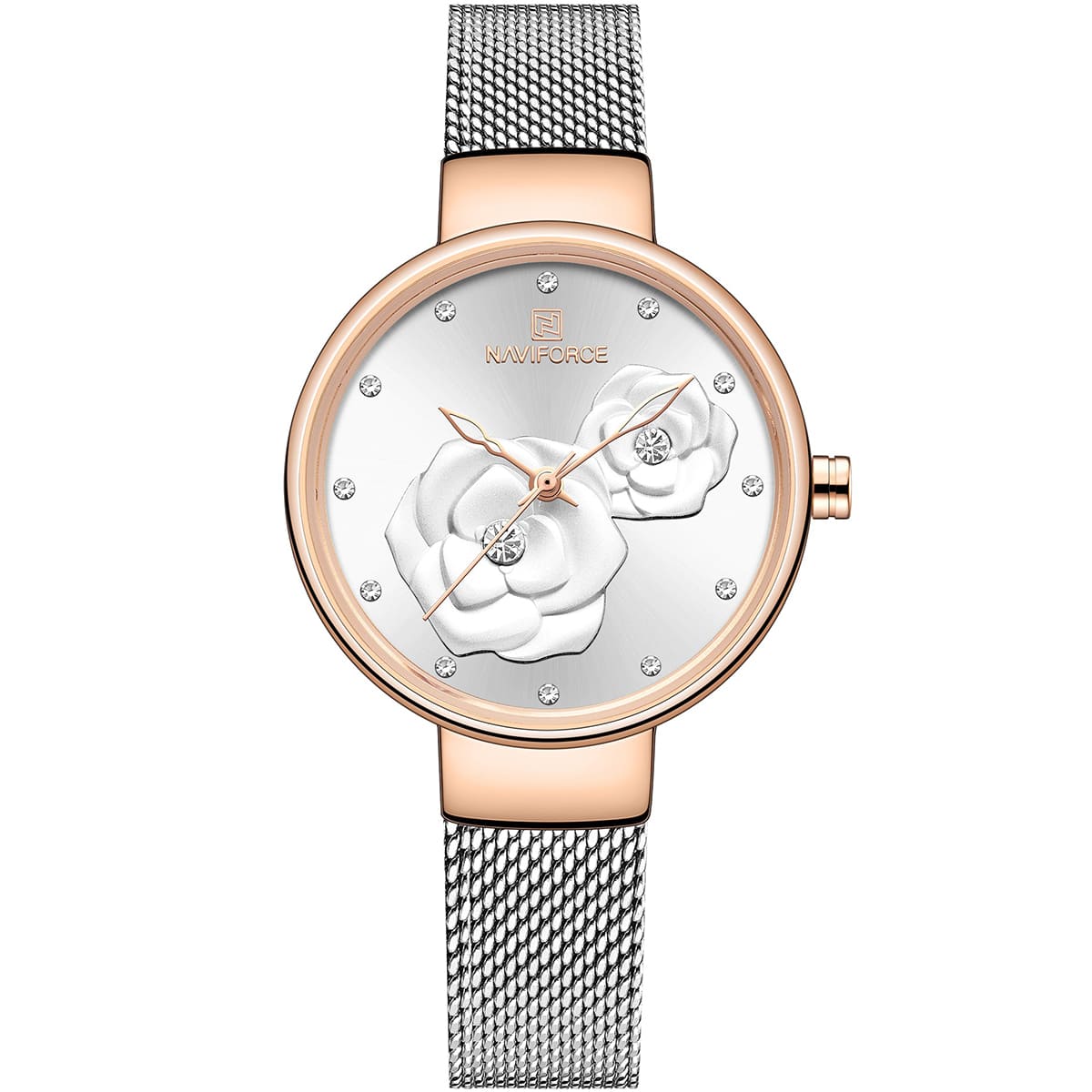 nf5013-rg-w-s-naviforce-watch-women-white-flowers-dial-metal-silver-mesh-strap-quartz-battery-analog-for-dream Naviforce Women's Watch NF5013-RG-W-S - Image 1
