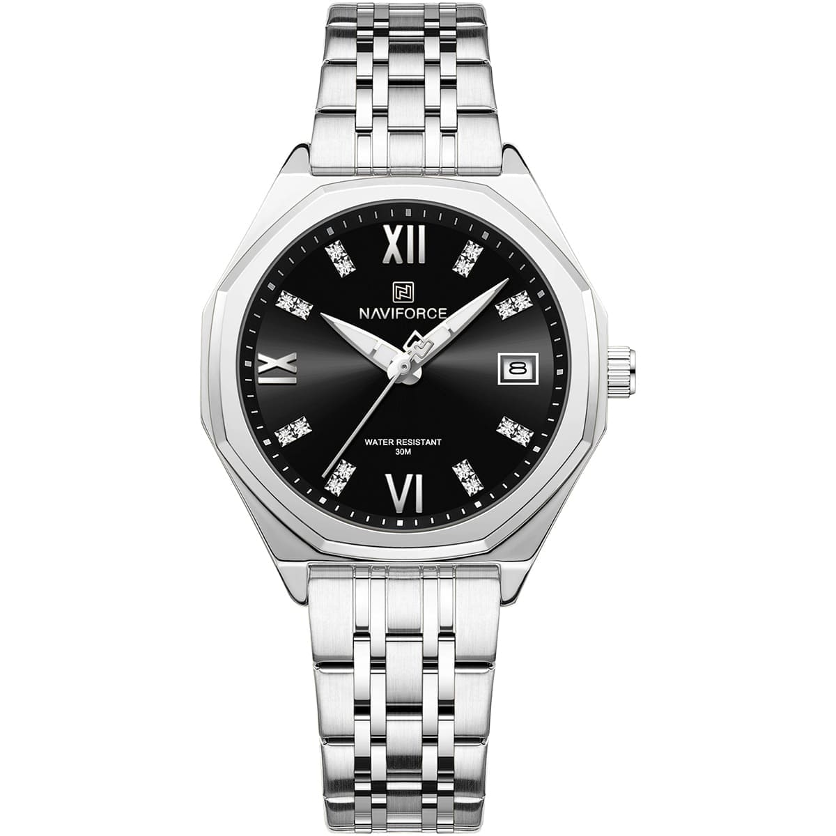nf5052-s-b-s-naviforce-watch-water-resistant-30m-women-black-dial-metal-stainless-steel-silver-strap-quartz-battery-analog-three-hand-for-dream Naviforce Women's Watch NF5052-S-B-S - Image 1