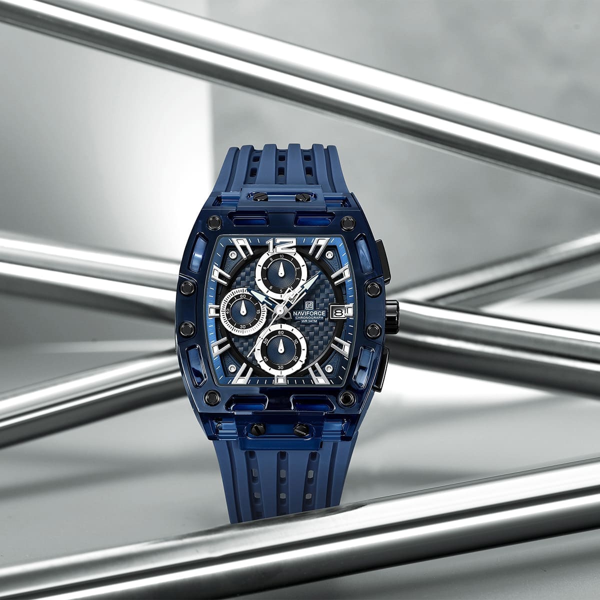 nf7105 be be be naviforce watch chronograph wr 3atm men blue dial rubber strap quartz battery square analog for dream 3 1