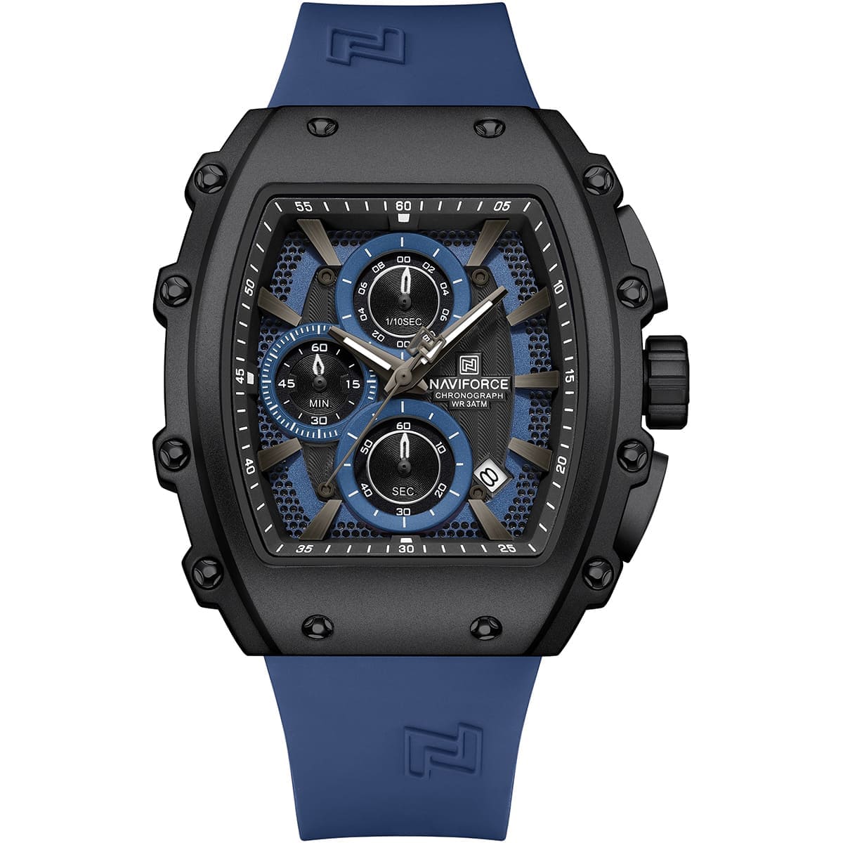 nf8070-b-be-be-naviforce-watch-chronograph-wr-3atm-men-square-blue-dial-rubber-strap-quartz-battery-analog-for-dream ساعة نافي فورس للرجال NF8070-B-BE-BE - الصورة 1