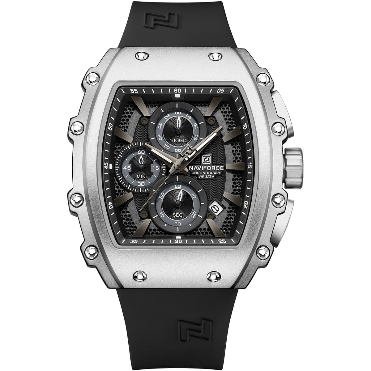 nf8070-s-b-b-naviforce-watch-chronograph-wr-3atm-men-square-black-dial-rubber-strap-quartz-battery-analog-for-dream ساعة نافي فورس للرجال NF8070-S-B-B - الصورة 1