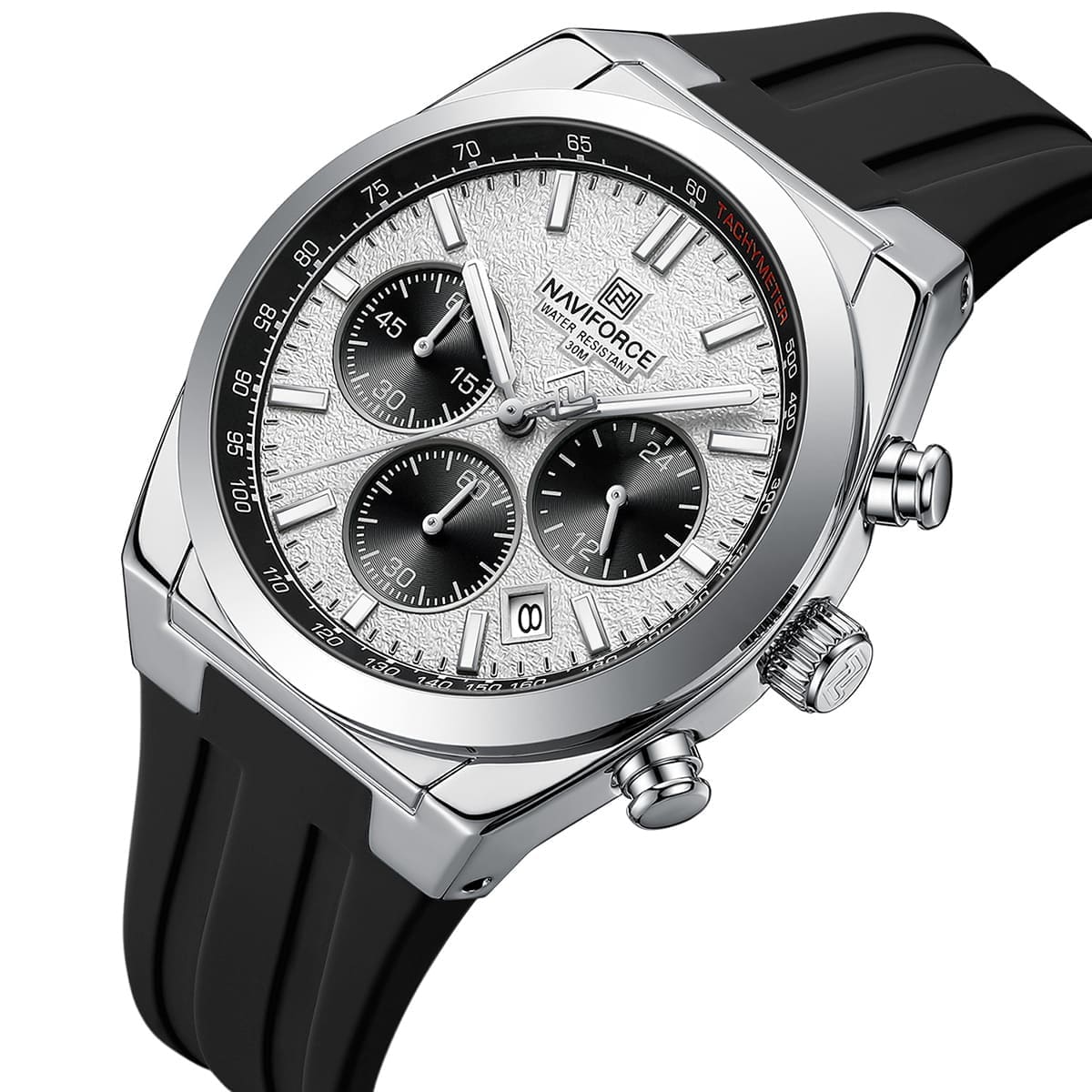 nf8080 s w b naviforce watch water resistant 30m men white dial rubber black strap quartz battery analog chronograph for dream 2