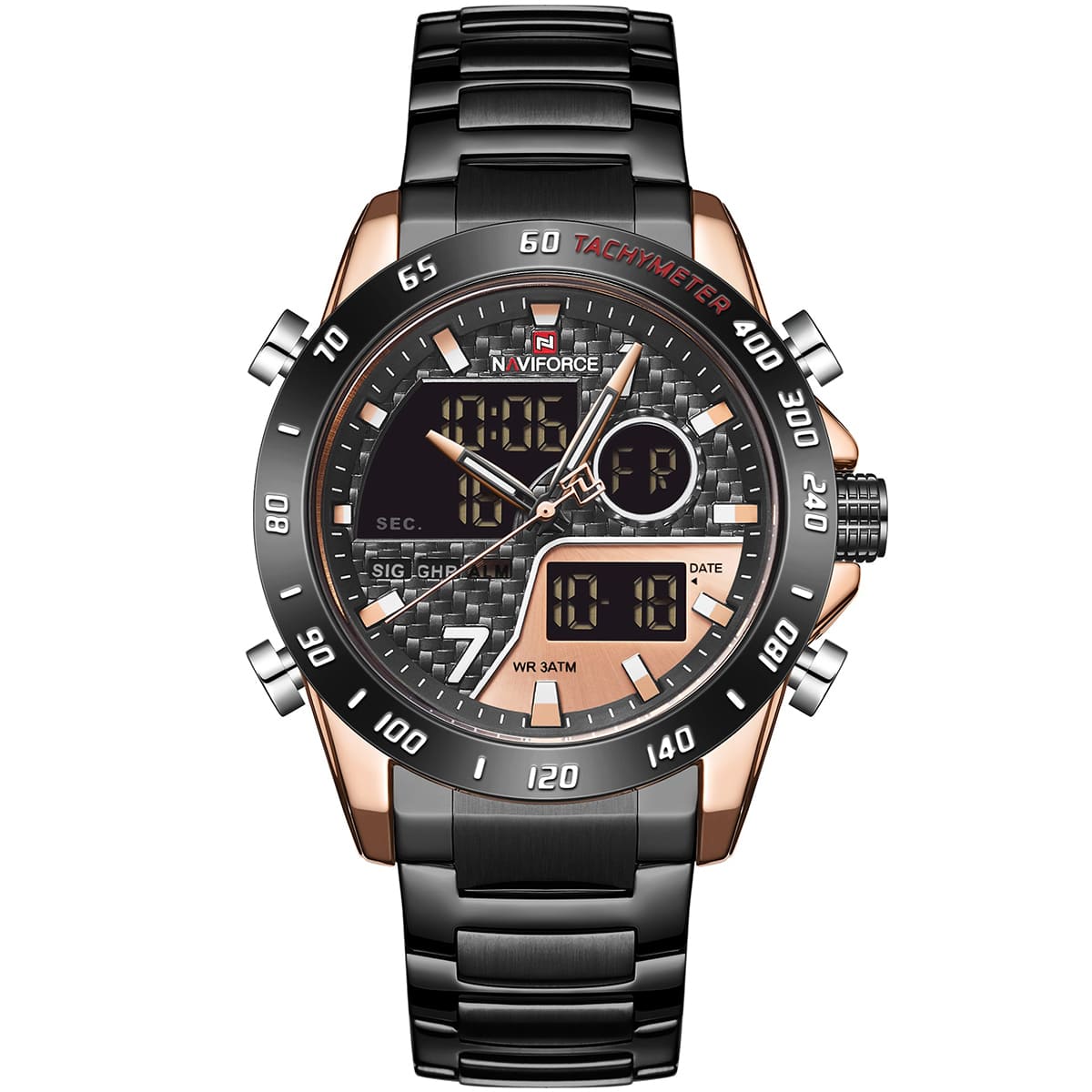 nf9171-rg-rg-b-naviforce-watch-men-black-dial-metal-strap-quartz-battery-digital-analog-chronograph-wr-3atm-for-dream ساعة نافي فورس رجالي NF9171-RG-RG-B - الصورة 1