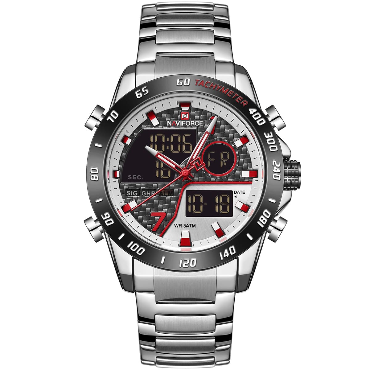 nf9171-s-w-s-naviforce-watch-men-black-white-dial-metal-silver-strap-quartz-battery-digital-analog-chronograph-wr-3atm-for-dream ساعة نافي فورس رجالي NF9171-S-W-S - الصورة 1