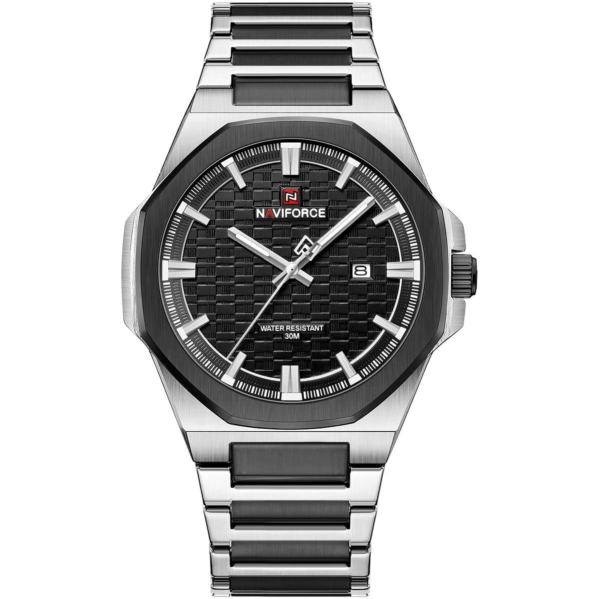 nf9245-s-b-b-naviforce-watch-water-resistant-30m-men-two-tone-black-dial-metal-stainless-steel-silver-strap-quartz-battery-analog-three-hand-for-dream ساعة نافي فورس للرجال NF9245-S-B-B - الصورة 1