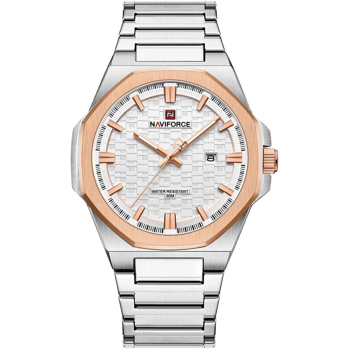 nf9245-s-w-rg-naviforce-watch-water-resistant-30m-men-white-dial-metal-stainless-steel-silver-strap-quartz-battery-analog-three-hand-for-dream ساعة نافي فورس للرجال NF9245-S-W-RG - الصورة 1