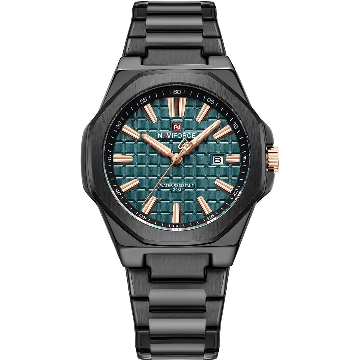 nf9258-b-gn-b-naviforce-watch-water-resistant-30m-men-green-dial-metal-stainless-steel-black-strap-quartz-battery-analog-three-hand-for-dream ساعة نافي فورس للرجال NF9258-B-GN-B - الصورة 1