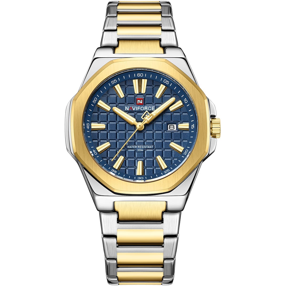nf9258-g-be-g-naviforce-watch-water-resistant-30m-men-two-tone-blue-dial-metal-stainless-steel-silver-gold-strap-quartz-battery-analog-three-hand-for-dream ساعة نافي فورس للرجال NF9258-G-BE-G - الصورة 1