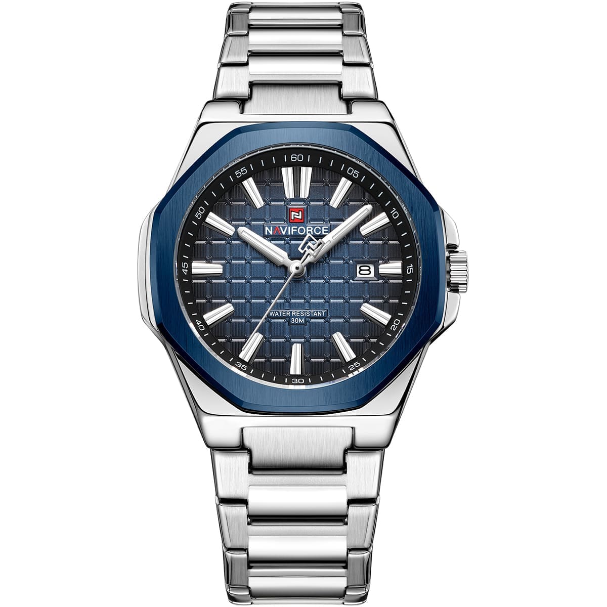 nf9258-s-be-s-naviforce-watch-water-resistant-30m-men-blue-dial-metal-stainless-steel-silver-strap-quartz-battery-analog-three-hand-for-dream ساعة نافي فورس للرجال NF9258-S-BE-S - الصورة 1