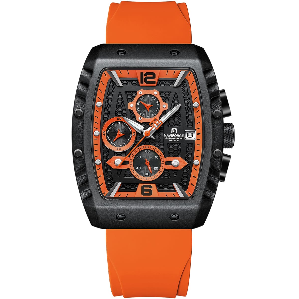 nf8025-b-o-o-naviforce-watch-chronograph-wr-3atm-men-orange-dial-rubber-strap-quartz-battery-square-analog-for-dream ساعة نافي فورس للرجال NF8025-B-O-O - الصورة 1
