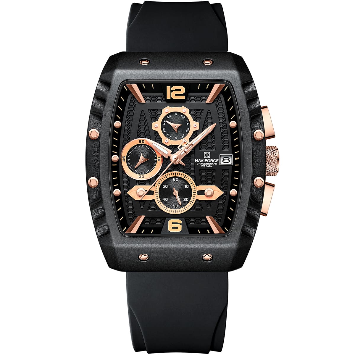 nf8025-b-rg-b-naviforce-watch-chronograph-wr-3atm-men-black-dial-rubber-strap-quartz-battery-square-analog-for-dream ساعة نافي فورس للرجال NF8025-B-RG-B - الصورة 1