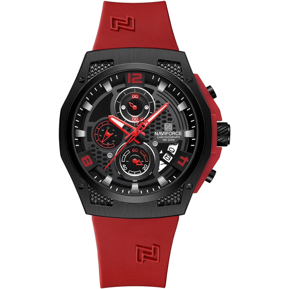 nf8051t-b-b-r-naviforce-watch-chronograph-wr-3atm-men-black-dial-rubber-red-strap-quartz-battery-analog-for-dream ساعة نافي فورس للرجال NF8051T-B-B-R - الصورة 1