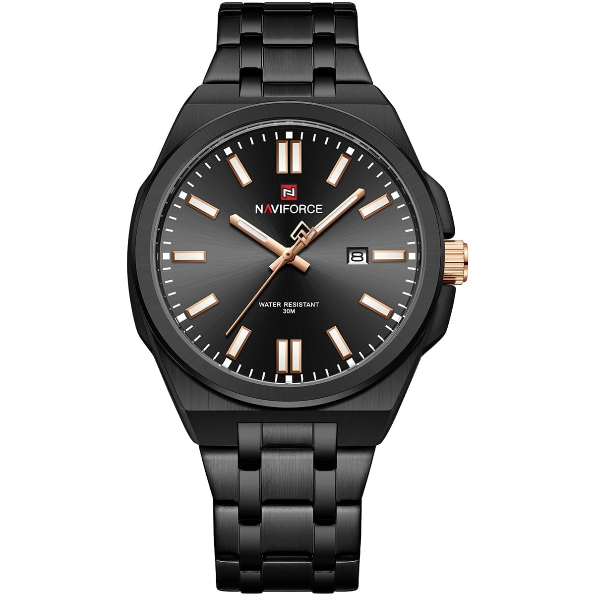 nf9226-b-b-rg-naviforce-watch-water-resistant-30m-men-black-dial-stainless-steel-metal-strap-quartz-battery-analog-three-hand-for-dream ساعة نافي فورس للرجال NF9226-B-B-RG - الصورة 1