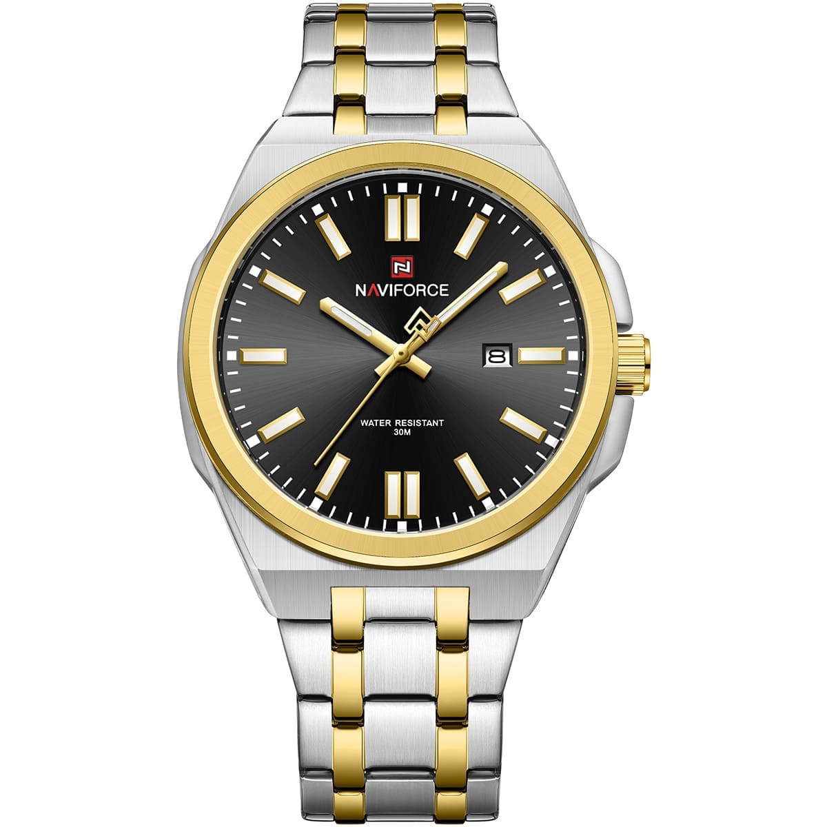 nf9226-s-b-g-naviforce-watch-water-resistant-30m-men-black-dial-stainless-steel-metal-silver-gold-strap-quartz-battery-analog-three-hand-for-dream ساعة نافي فورس للرجال NF9226-S-B-G - الصورة 1