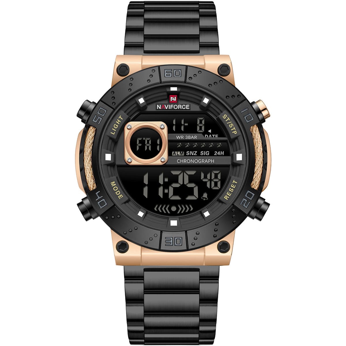 nf9241s-rg-b-b-naviforce-watch-wr-3atm-chronograph-men-black-dial-metal-stainless-steel-strap-quartz-battery-digital-for-dream ساعة نافي فورس للرجال NF9241S-RG-B-B - الصورة 1