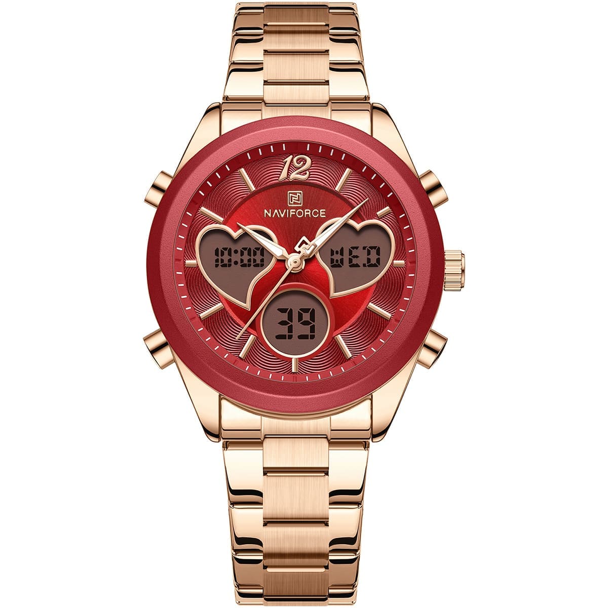 nf5045s-rg-r-rg-naviforce-watch-women-red-dial-metal-stainless-steel-rose-gold-strap-quartz-battery-digital-analog-for-dream ساعة نافي فورس للنساء NF5045S-RG-R-RG - الصورة 1