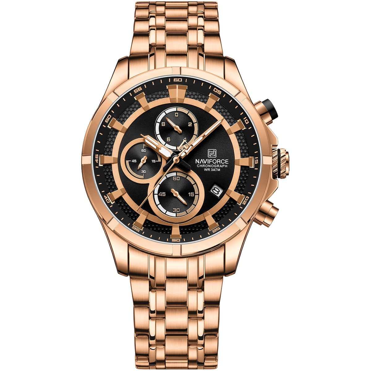 nf8046-rg-b-rg-naviforce-watch-chronograph-wr-3atm-men-black-dial-stainless-steel-metal-rose-gold-strap-quartz-battery-analog-for-dream ساعة نافي فورس للرجال NF8046-RG-B-RG - الصورة 1