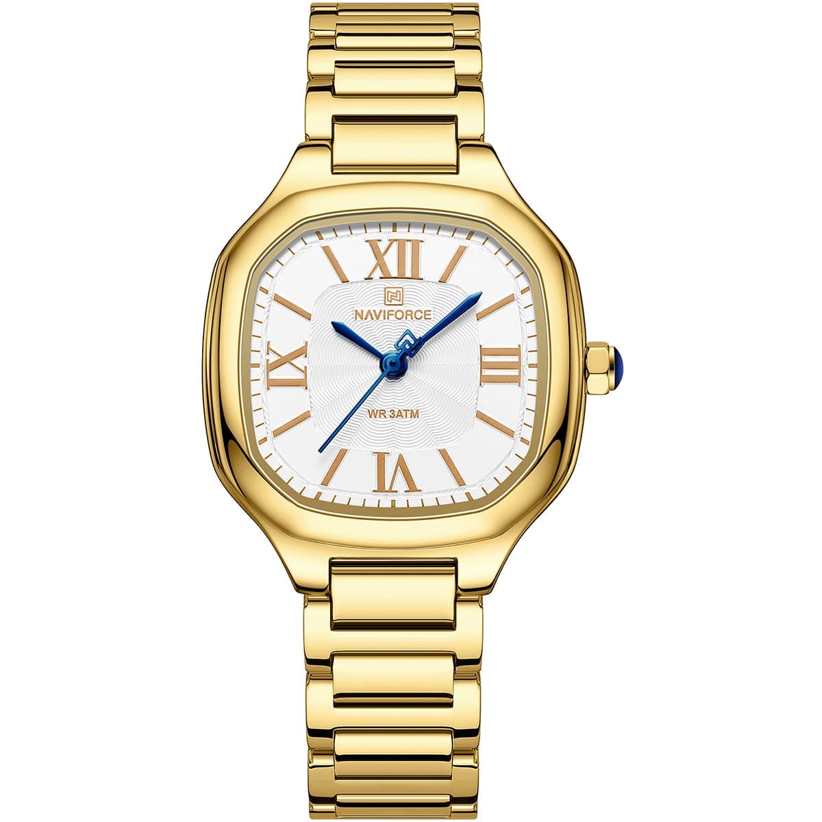 nf5042-g-w-g-naviforce-watch-wr-3atm-women-white-dial-stainless-steel-metal-gold-strap-quartz-battery-square-analog-three-hand-for-dream (1) ساعة نافي فورس للنساء NF5042-G-W-G - الصورة 1
