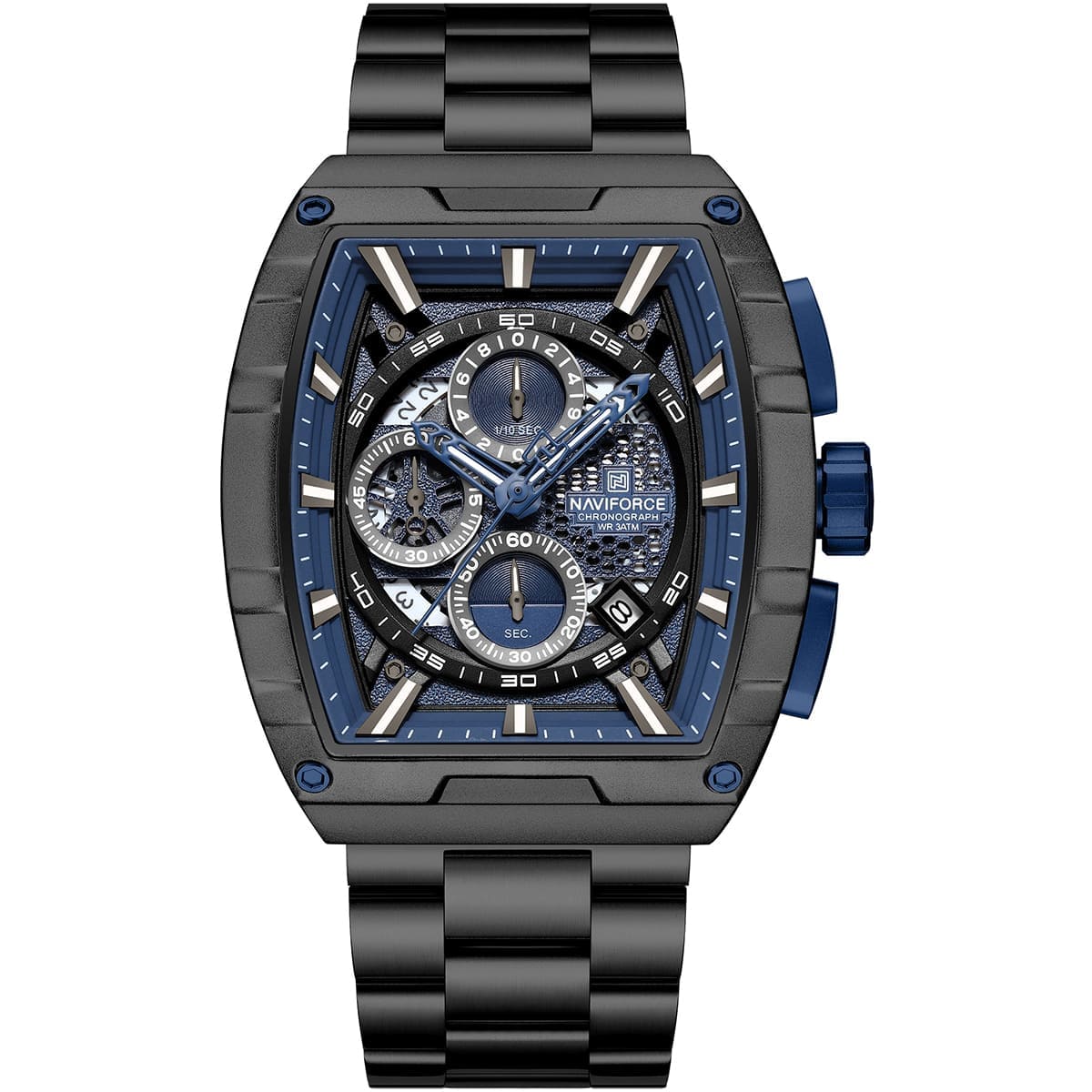 nf8066-b-be-b-naviforce-watch-chronograph-wr-3atm-men-square-blue-dial-metal-stainless-steel-black-strap-quartz-battery-analog-for-dream ساعة نافي فورس للرجال NF8066-B-BE-B - الصورة 1