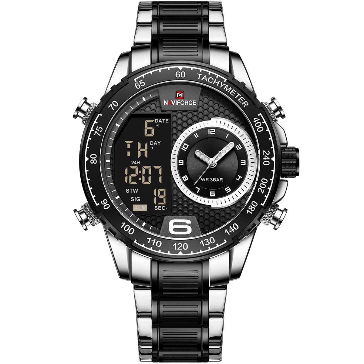 nf9199s-s-b-naviforce-watch-men-black-dial-metal-silver-black-strap-quartz-battery-digital-analog-wr-3atm-for-dream Naviforce Men's Watch NF9199S-S-B - Image 1
