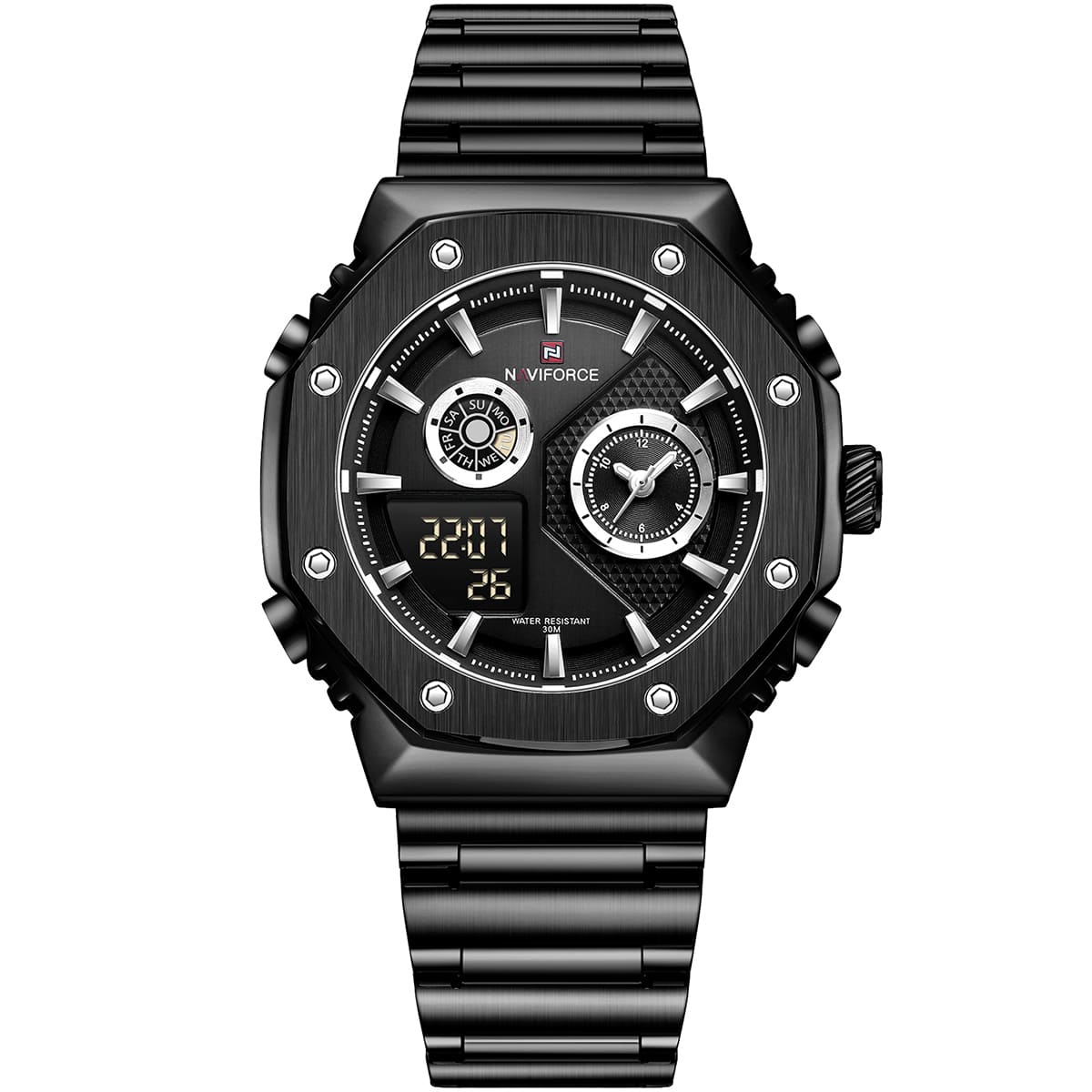 nf9216s-b-b-naviforce-watch-water-resistant-30m-men-black-dial-stainless-steel-metal-strap-quartz-battery-digital-analog-three-hand-for-dream ساعة نافي فورس للرجال NF9216S-B-B - الصورة 1