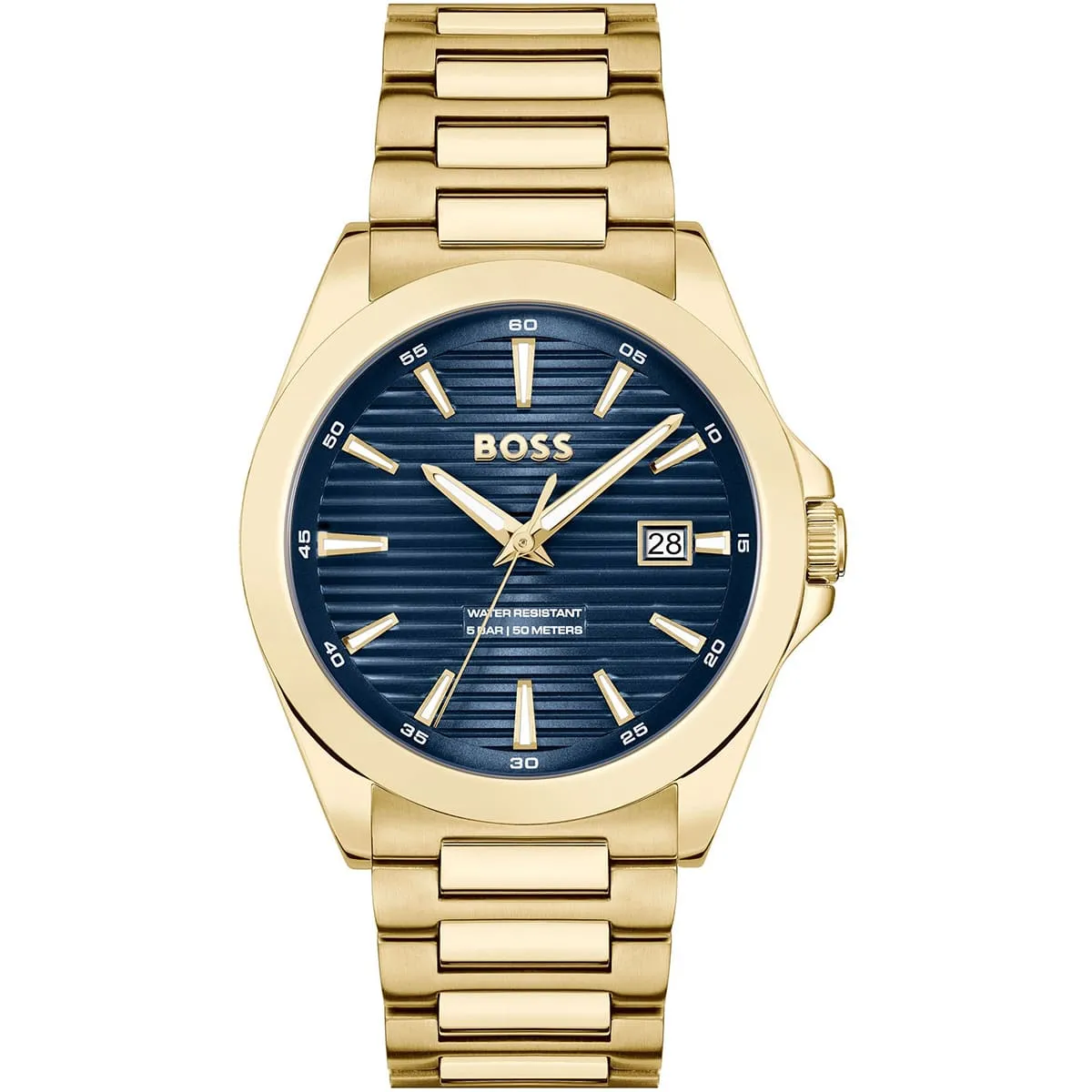 1514172 hugo boss watch water resistant 5bar 50 meters men blue dial stainless steel metal gold strap quartz battery analog three hand strike