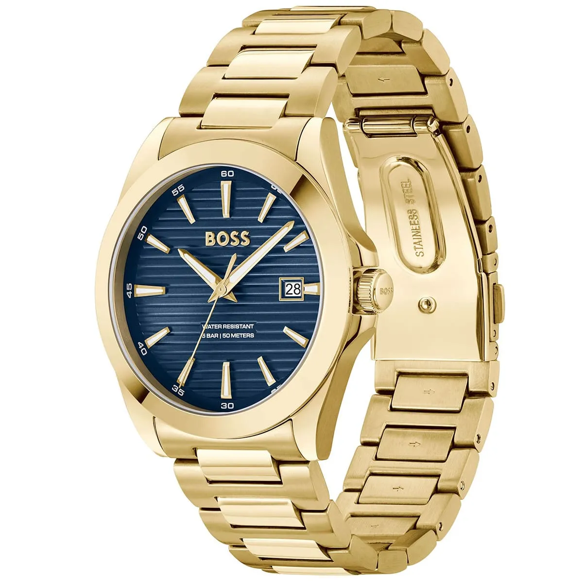 1514172 hugo boss watch water resistant 5bar 50 meters men blue dial stainless steel metal gold strap quartz battery analog three hand strike 2