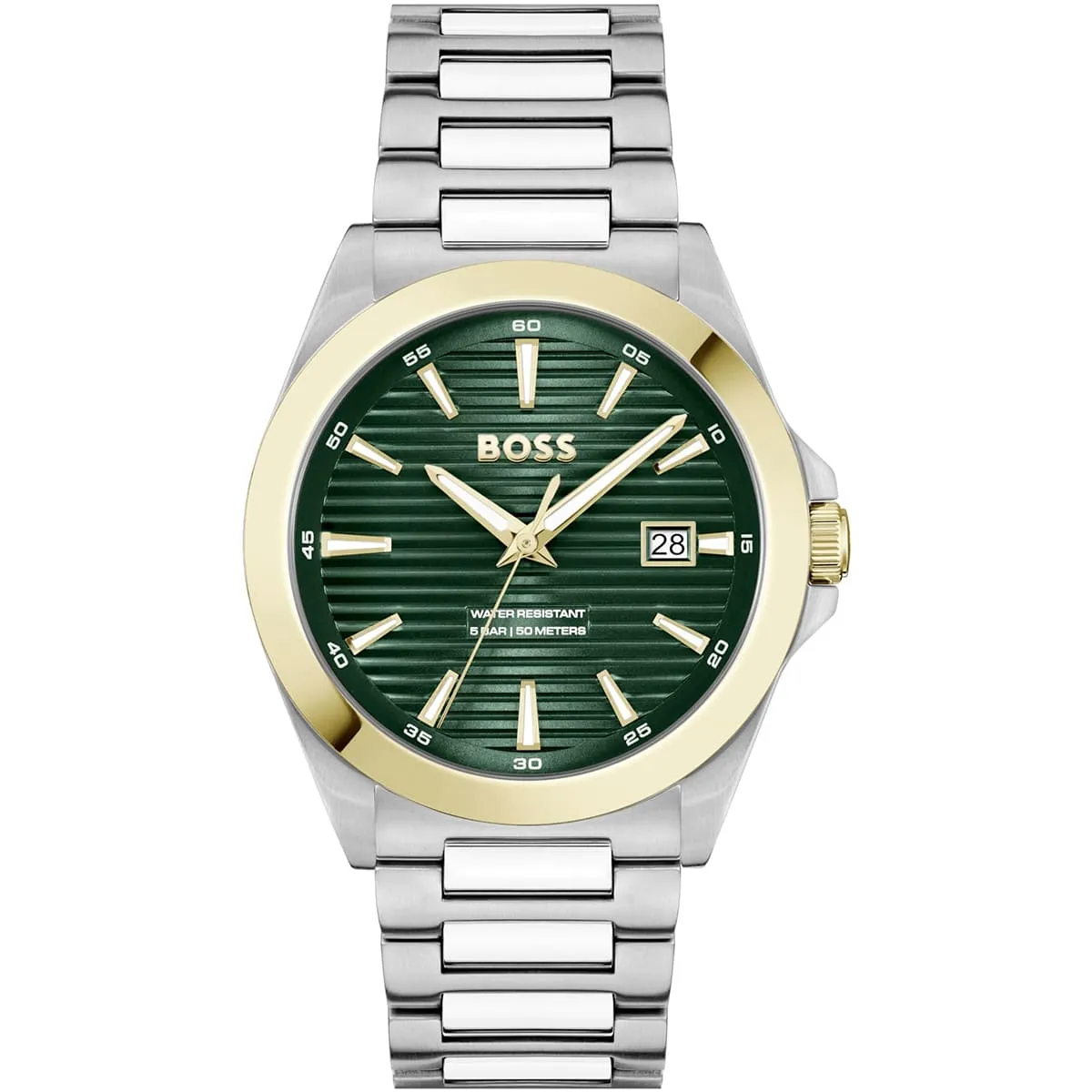1514173 hugo boss watch water resistant 5bar 50 meters men green dial stainless steel metal silver strap quartz battery analog three hand strike