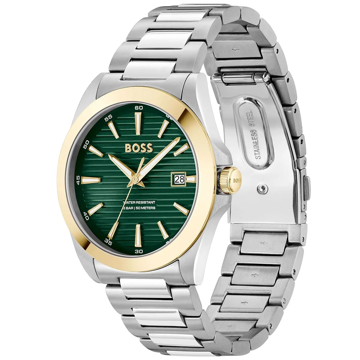 1514173 hugo boss watch water resistant 5bar 50 meters men green dial stainless steel metal silver strap quartz battery analog three hand strike 2