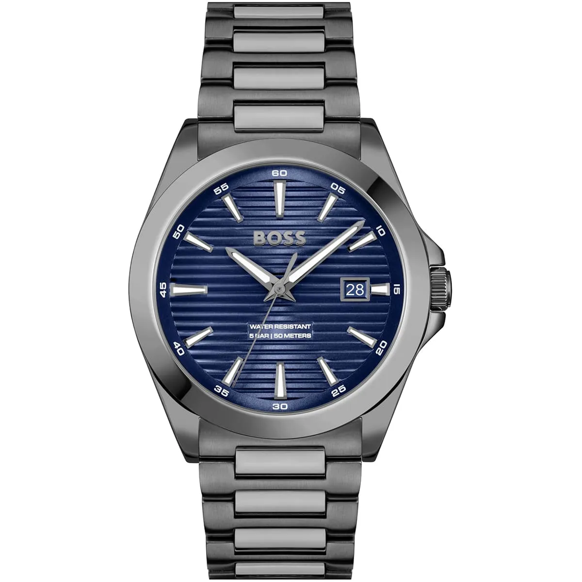 1514175 hugo boss watch water resistant 5bar 50 meters men gun stainless steel blue dial stainless steel metal gray strap quartz battery analog three hand strike