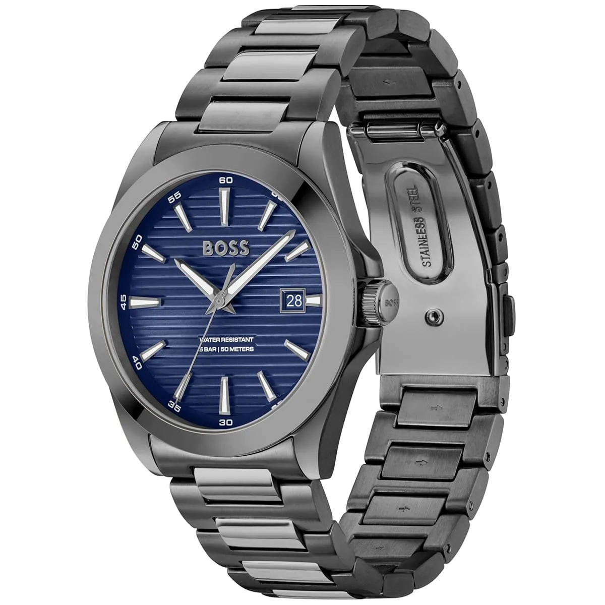 1514175 hugo boss watch water resistant 5bar 50 meters men gun stainless steel blue dial stainless steel metal gray strap quartz battery analog three hand strike 2