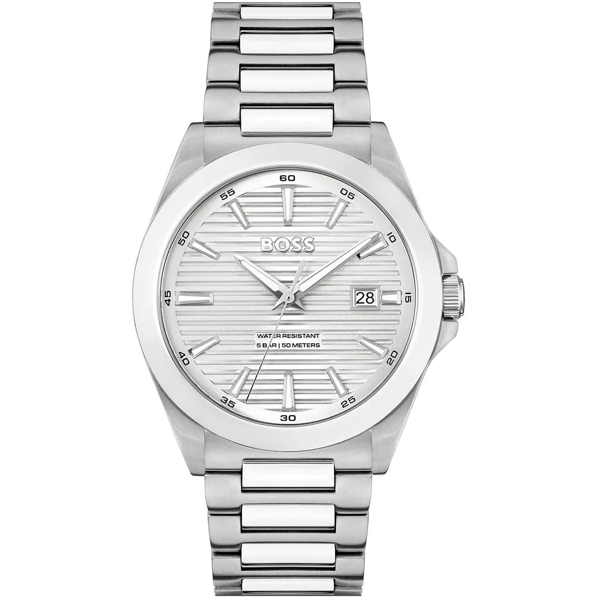 1514176 hugo boss watch water resistant 5bar 50 meters men silver dial stainless steel metal strap quartz battery analog three hand strike