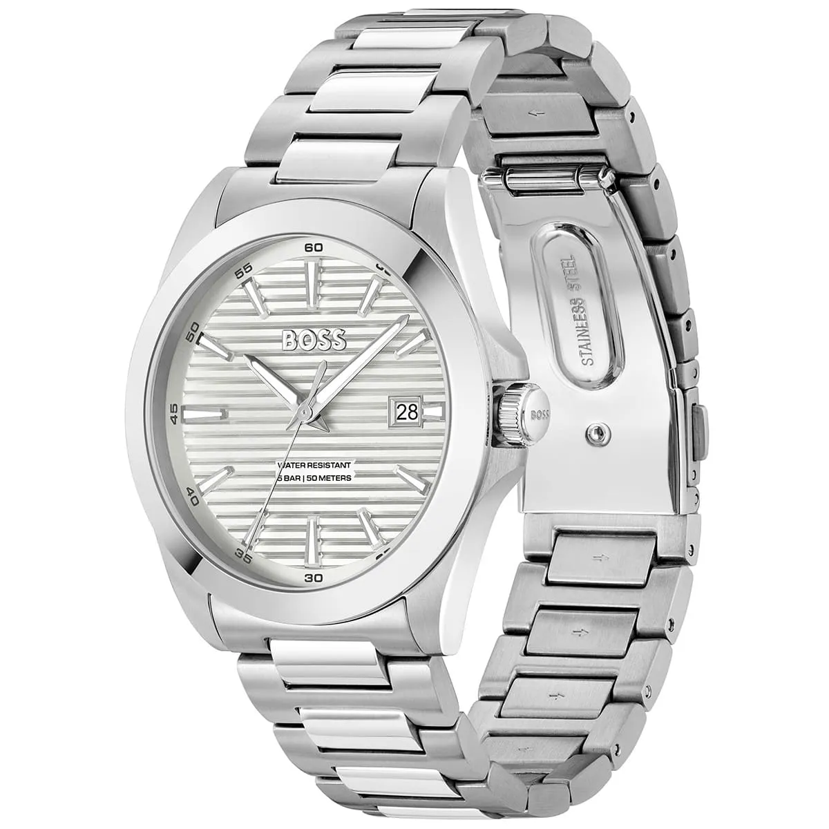 1514176 hugo boss watch water resistant 5bar 50 meters men silver dial stainless steel metal strap quartz battery analog three hand strike 2