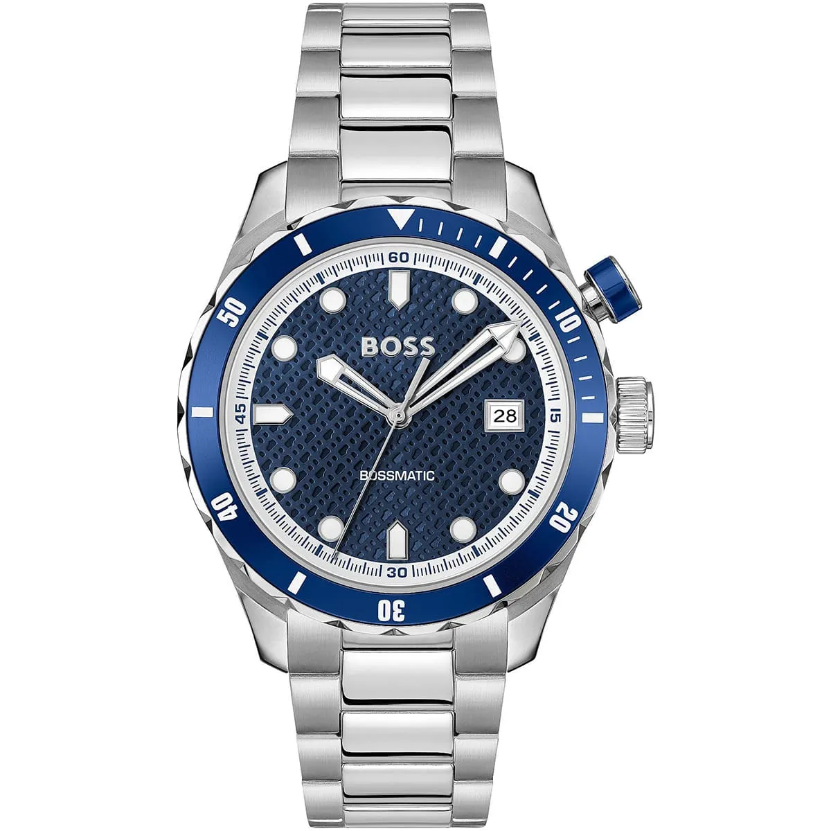 1514177 hugo boss watch bossmatic men patterned blue dial stainless steel metal silver strap automatic analog three hand