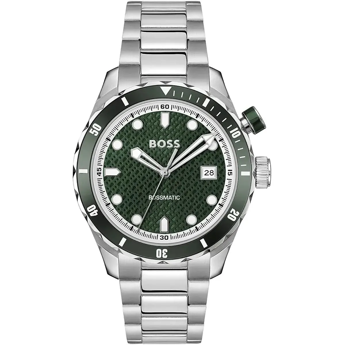 1514178 hugo boss watch bossmatic men patterned green dial stainless steel metal silver strap automatic analog three hand